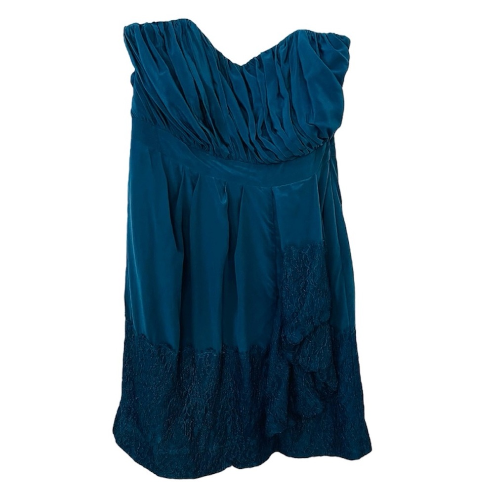 Shoshanna | Teal Silk Strapless Feminine Chic Cocktail Midi Dress Size 6 - Picture 2 of 4